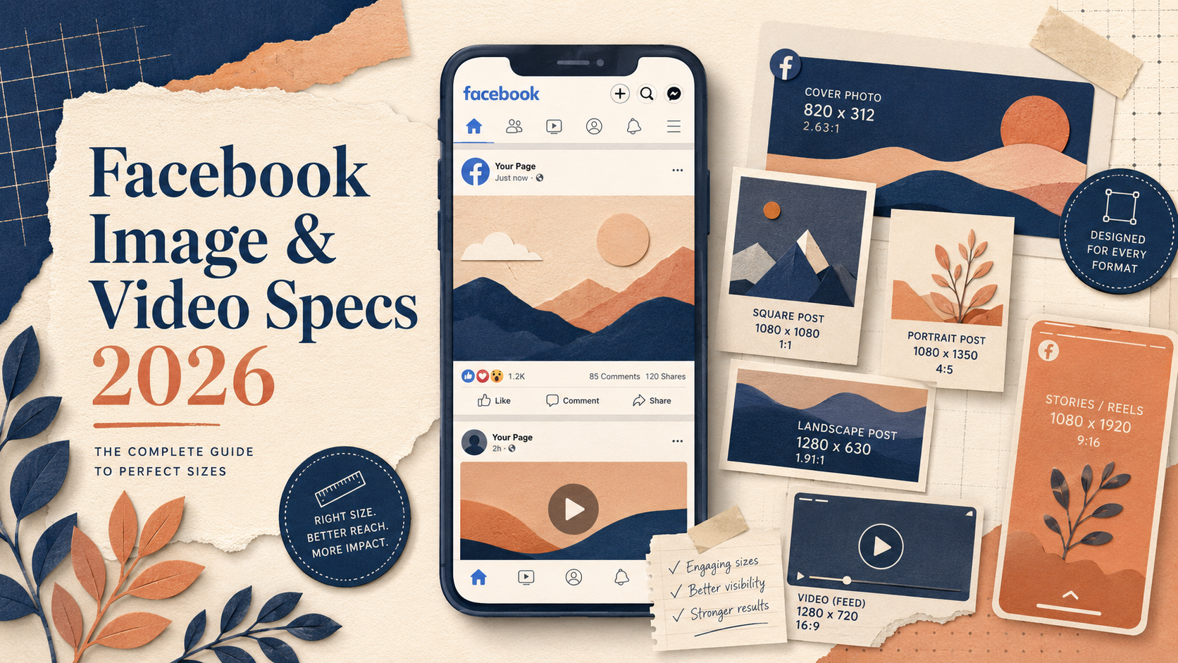 Facebook video formats shown across feed, Stories, and Reels placements