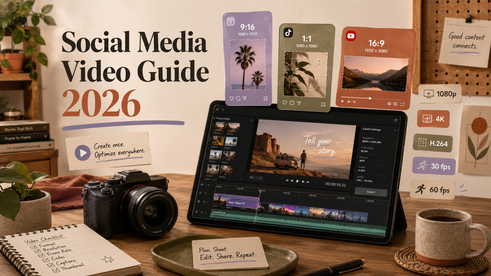 Social media video aspect ratios compared — 9:16 vertical, 1:1 square, 16:9 landscape